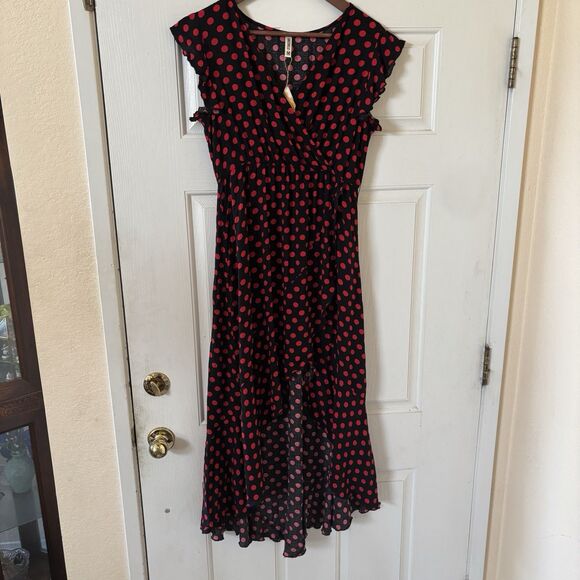 NWT Grecerelle Womens Maxi Dress Dark Romantic Faux Wrap M Hi-Low Ruffles Party - Picture 2 of 13